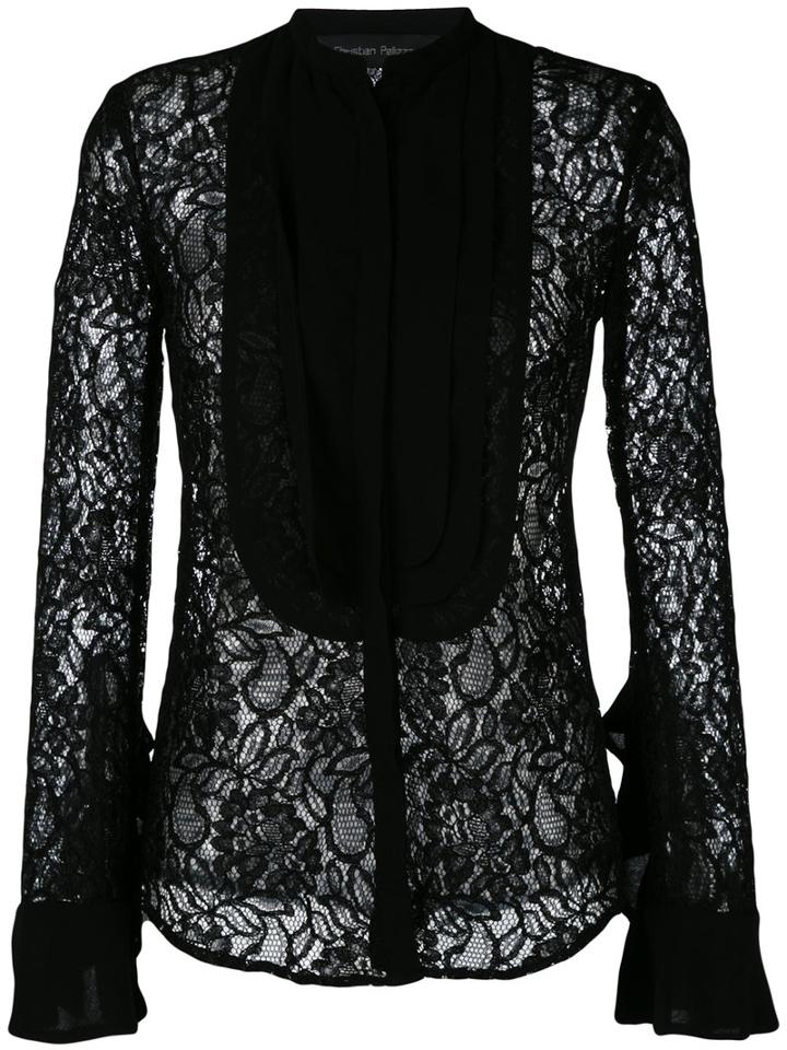 Christian Pellizzari Sheer Lace Bib Shirt, Women's, Size: 44, Black, Polyamide/polyester/viscose
