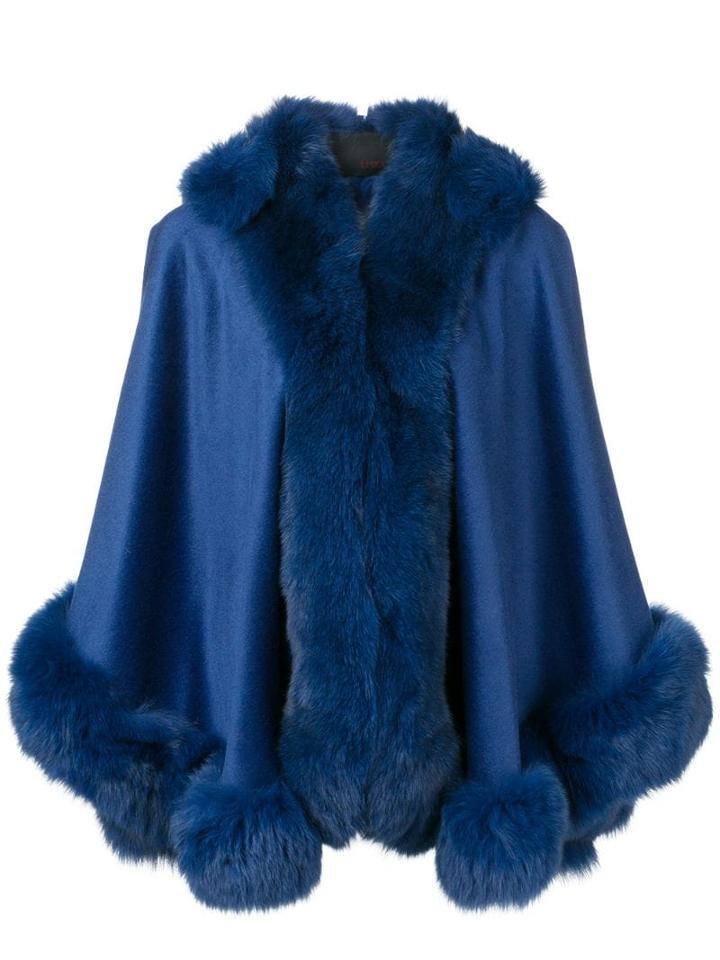 Liska Fox Fur Trim Cape - Blau