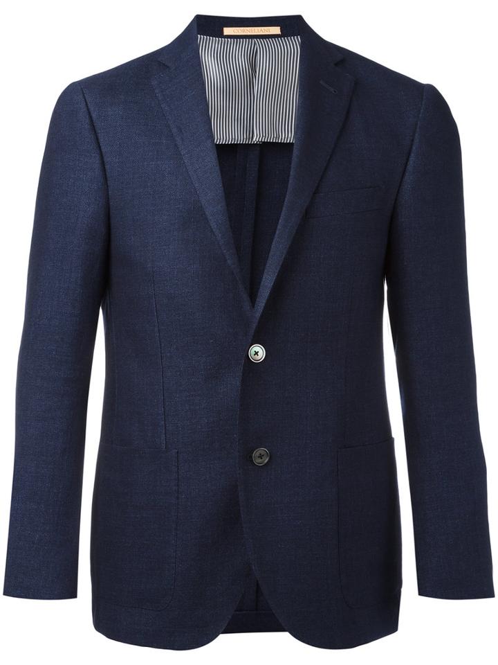 Corneliani Two Button Blazer, Men's, Size: 54, Blue, Virgin Wool/linen/flax/cupro/viscose