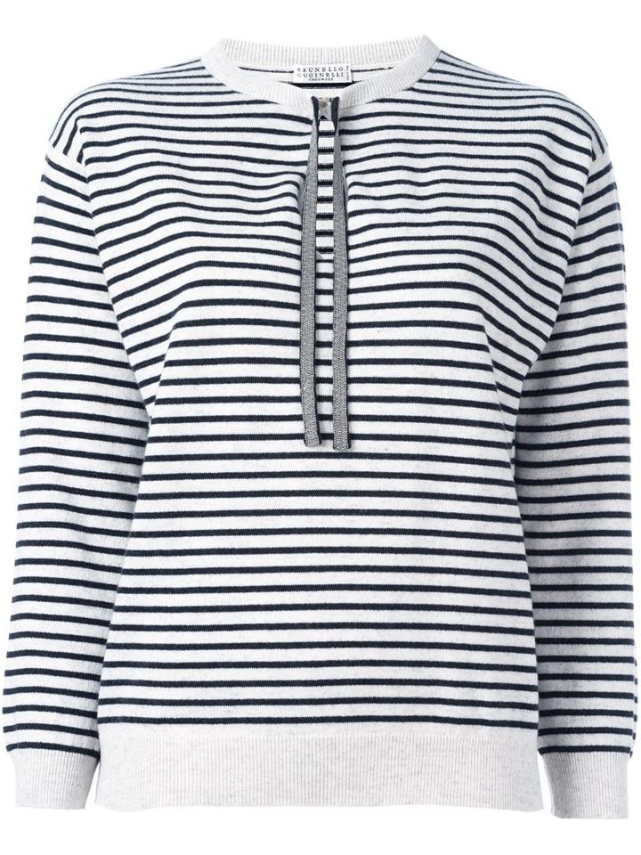 Brunello Cucinelli Striped Fine Knit Jumper, Women's, Size: Large, Grey, Silk/cashmere/virgin Wool