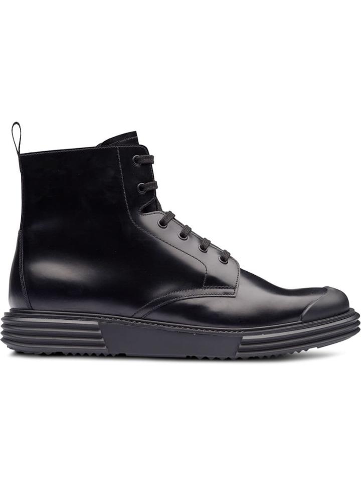 Prada Opaque Leather Laced Booties - Black
