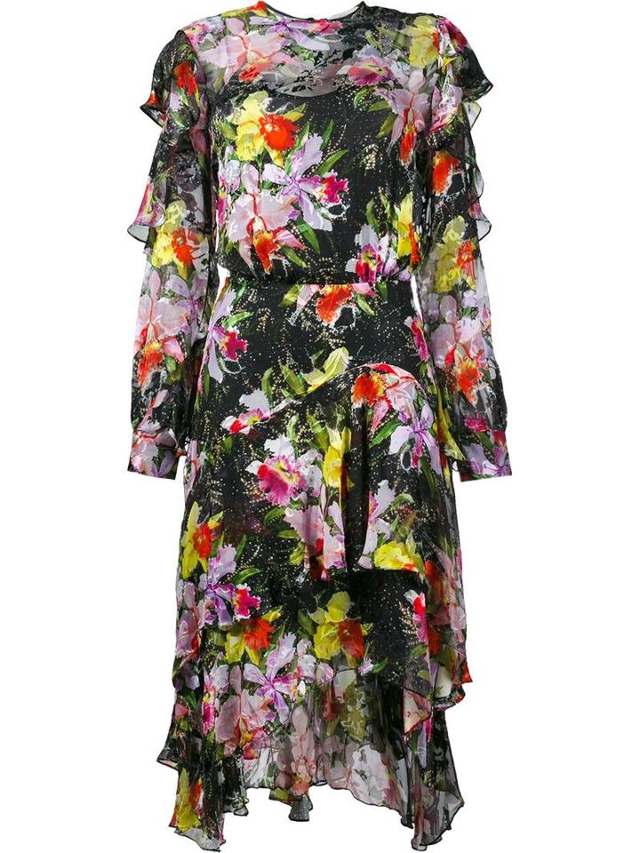 Preen By Thornton Bregazzi Floral Print Ruffle Dress, Women's, Size: Large, Black, Silk