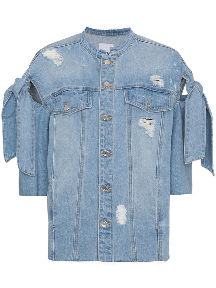 Sjyp Distressed Ribbon Sleeve Denim Jacket - Blue