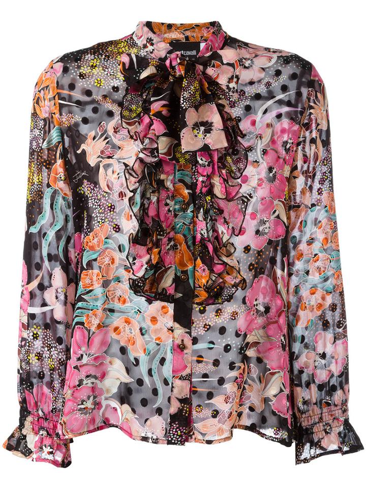 Just Cavalli Printed Ruffle Trim Shirt, Women's, Size: 42, Black, Viscose