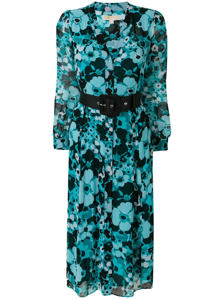 Michael Michael Kors Belted Floral-print Midi Dress - Blue
