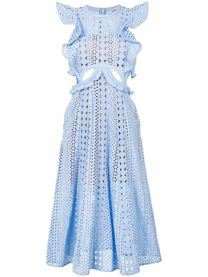 Self-portrait - Ruffle Trim Cut -out Dress - Women - Cotton/polyester - 6, Blue, Cotton/polyester