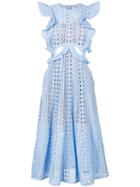 Self-portrait - Ruffle Trim Cut -out Dress - Women - Cotton/polyester - 6, Blue, Cotton/polyester