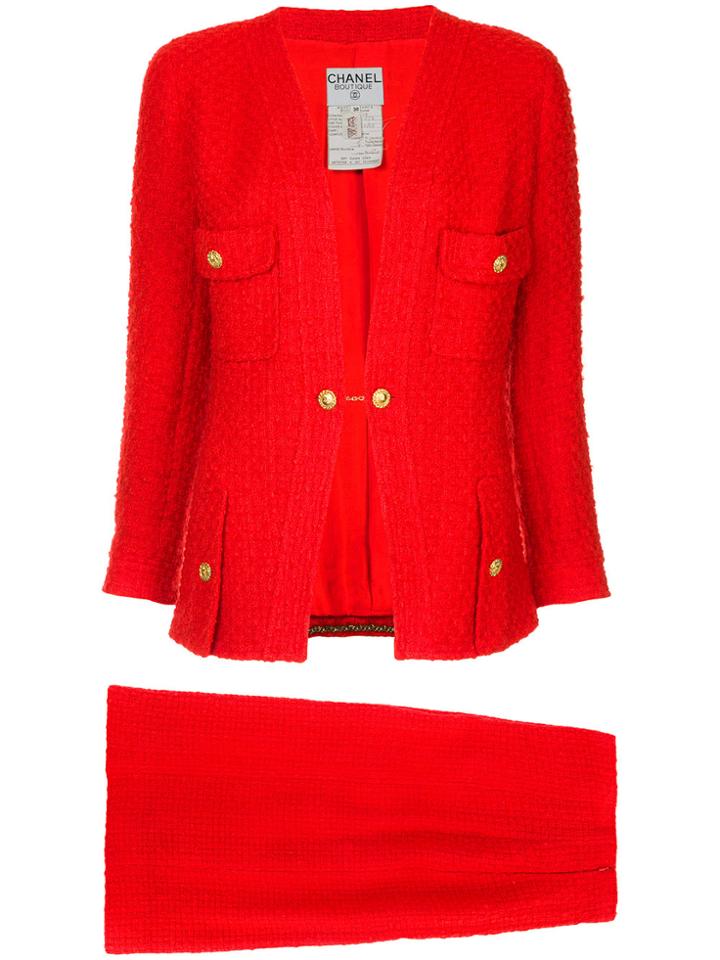 Chanel Vintage Waffle Texture Skirt Suit - Red