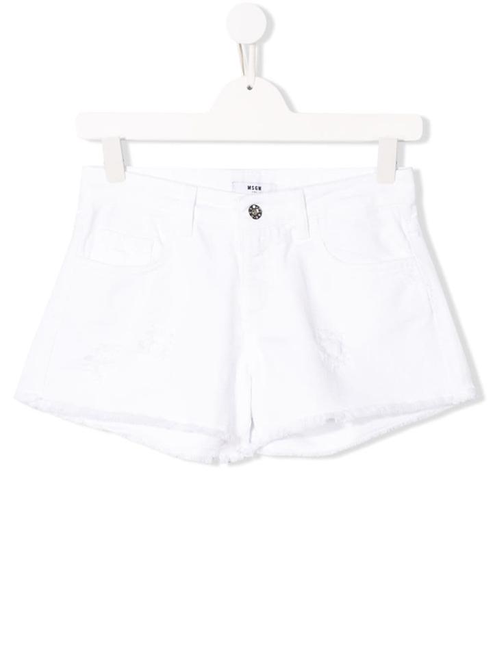 Msgm Kids Frayed-hem Denim Shorts - White