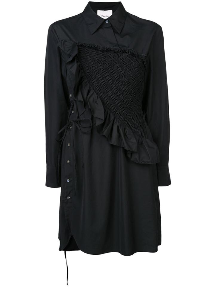 3.1 Phillip Lim Diagonal Ruched Ruffle Long Sleeve Dress - Black