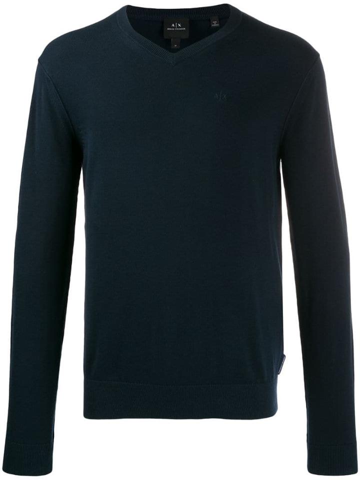Armani Exchange Embroidered Logo Knit Sweater - Blue