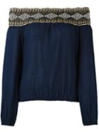 Tory Burch Embroidered Off Shoulder Blouse, Women's, Size: Xs, Blue, Cotton