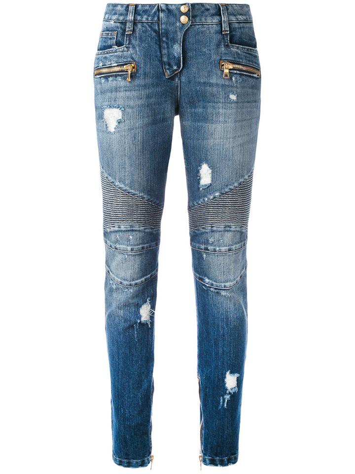 Balmain - Distressed Biker Jeans - Women - Cotton/polyester/viscose - 42, Blue, Cotton/polyester/viscose