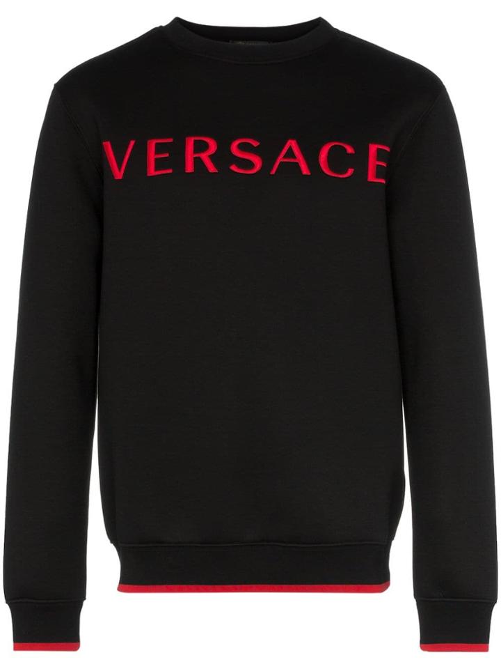 Versace Logo Embroidered Contrast Trim Jumper - Black