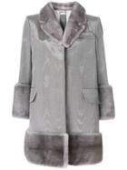 Thom Browne Moire Vent Back Chesterfield Overcoat With Mink Fur - Grey