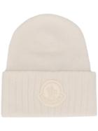 Moncler Logo Patch Beanie Hat - White