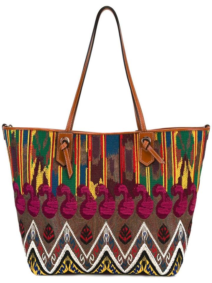 Etro Embroidered Detail Tote, Women's, Cotton/calf Leather/polyester/polyester