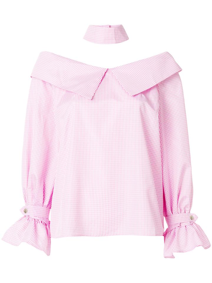 Jovonna Gingham Off Shoulder Choker Shirt - Pink & Purple