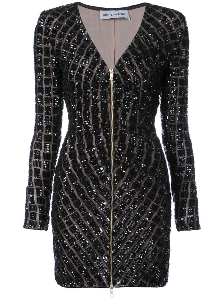 Self-portrait Glitter Detail V-neck Zip Dress - Black