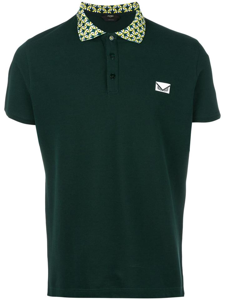 Fendi Contrast Geometric Collar Polo Shirt, Men's, Size: 46, Green, Cotton