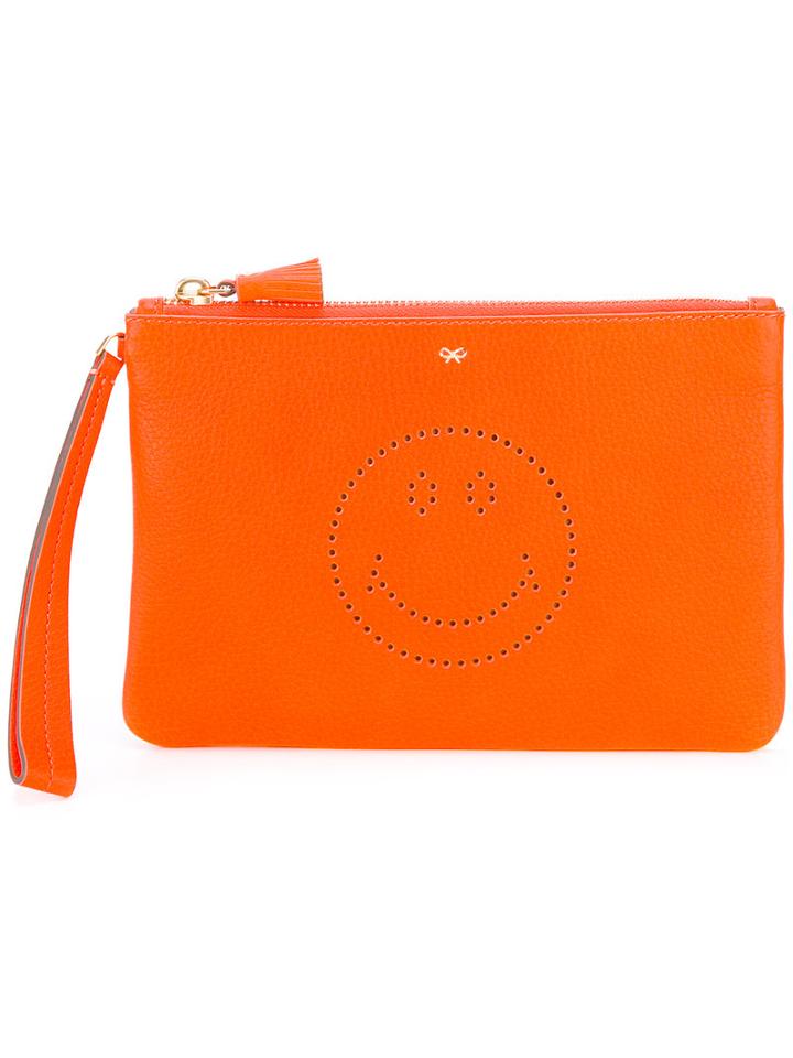 Anya Hindmarch - Smiley Zipped Clutch - Women - Calf Leather - One Size, Women's, Yellow/orange, Calf Leather