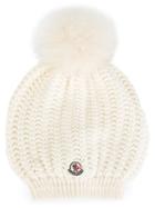Moncler Cable Knit Bobble Hat, Women's, White, Fox Fur/polyamide/viscose/cashmere