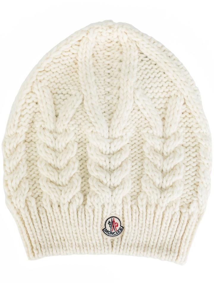 Moncler Cable Knit Beanie Hat, Women's, White, Acrylic/wool/alpaca