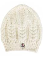 Moncler Cable Knit Beanie Hat, Women's, White, Acrylic/wool/alpaca