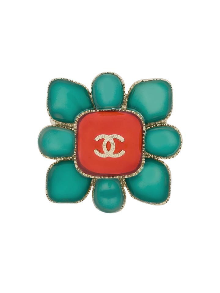 Chanel Vintage Interlocking Cc Floral Brooch - Blue