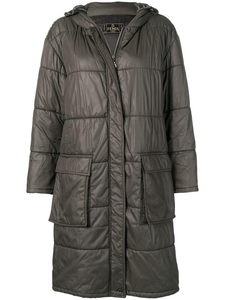 Fendi Pre-owned Hooded Logo Padded Coat - Grey