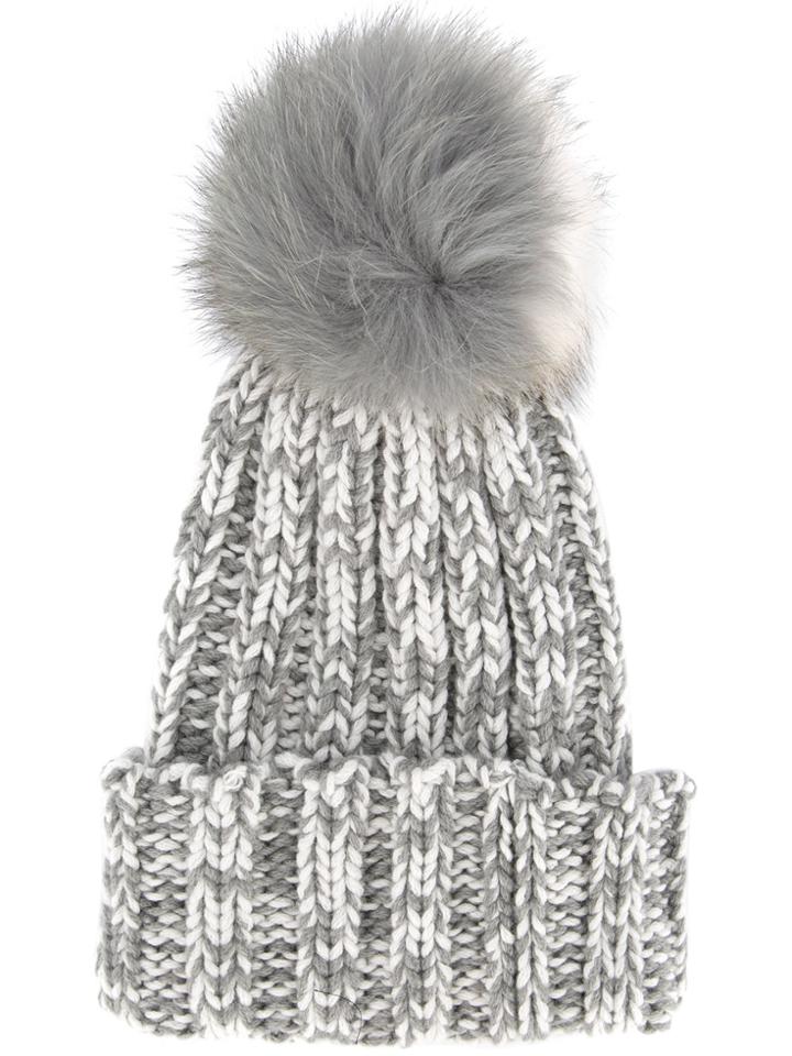 Inverni Ribbed Beanie With Fox Fur Pom Pom - Grey