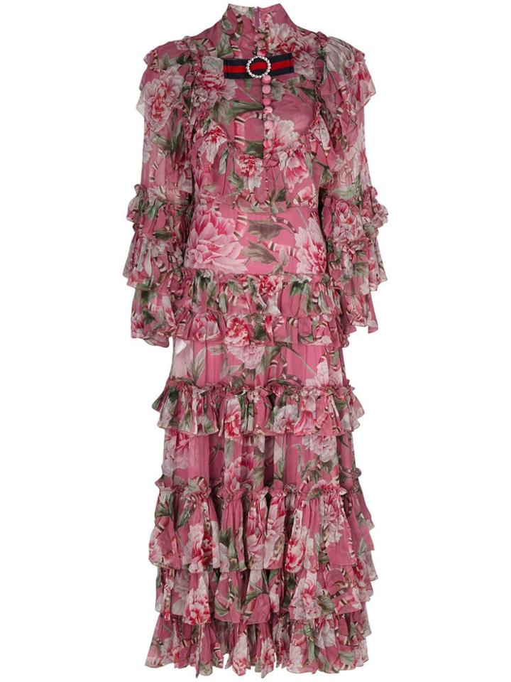 Gucci Floral Print Ruffled Dress - Pink & Purple