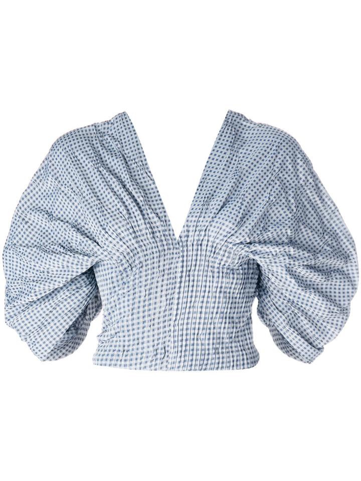 Jonathan Simkhai Smocked Gingham Dropped Sleeve Bustier Top - Blue
