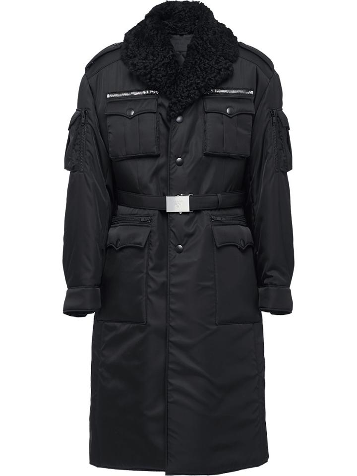 Prada Shearling Collar Military Coat - Black