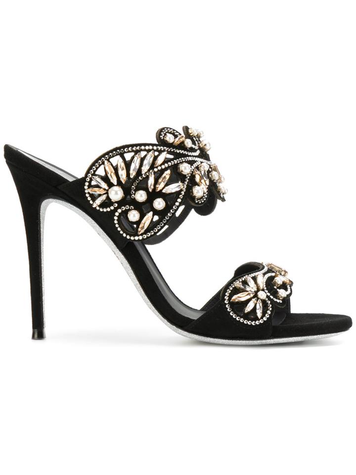René Caovilla Open Toe Crystal Pumps - Black
