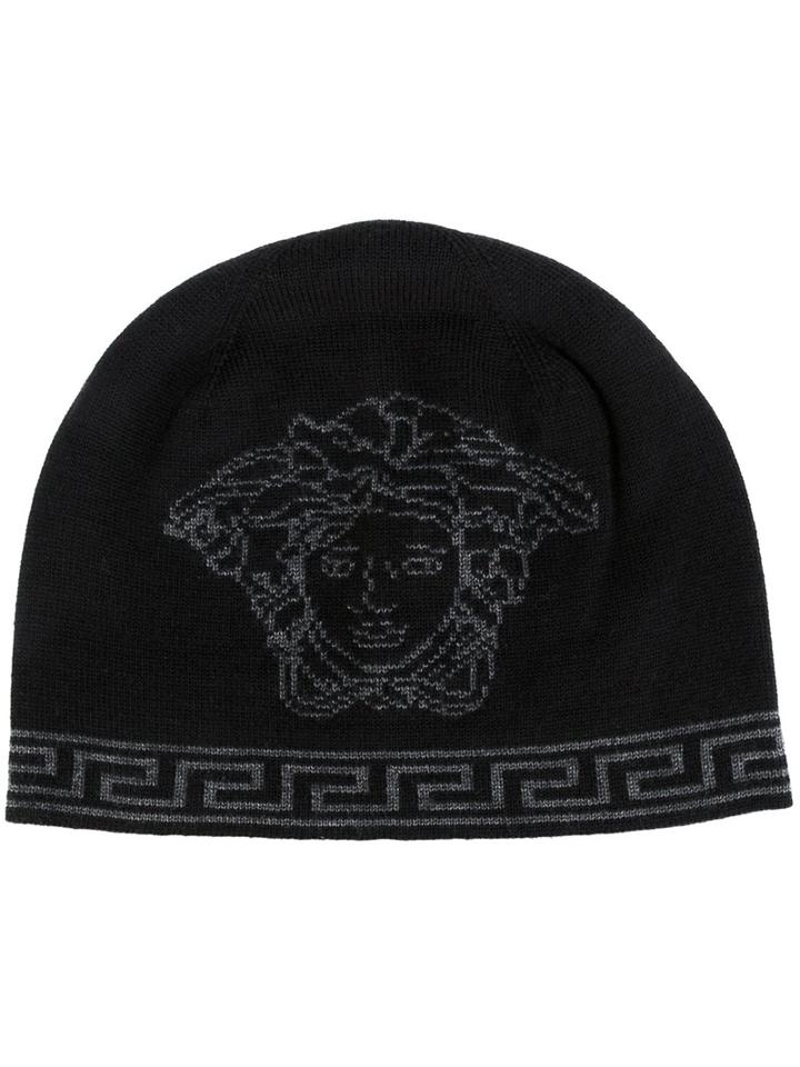 Versace Medusa Greca Beanie, Men's, Black, Silk/wool