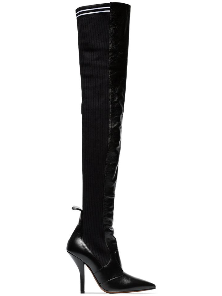 Fendi Black Rockoko 105 Leather And Fabric Over The Knee Boots