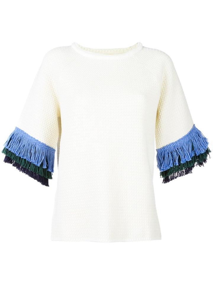 Tory Burch Fringe Sleeve Knit Top, Women's, Size: Xl, White, Wool/cotton
