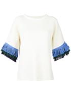 Tory Burch Fringe Sleeve Knit Top, Women's, Size: Xl, White, Wool/cotton