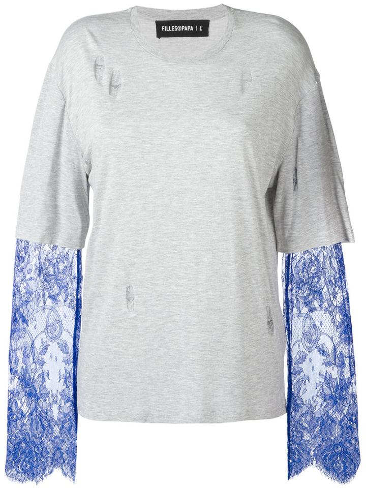 Filles A Papa - 'ashley' Lace Sleeve Layered T-shirt - Women - Cotton/polyamide - 0, Women's, Grey, Cotton/polyamide