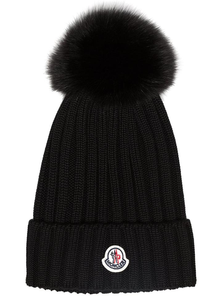 Moncler Black Wool Beanie Hat With Pom Pom