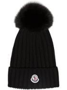Moncler Black Wool Beanie Hat With Pom Pom