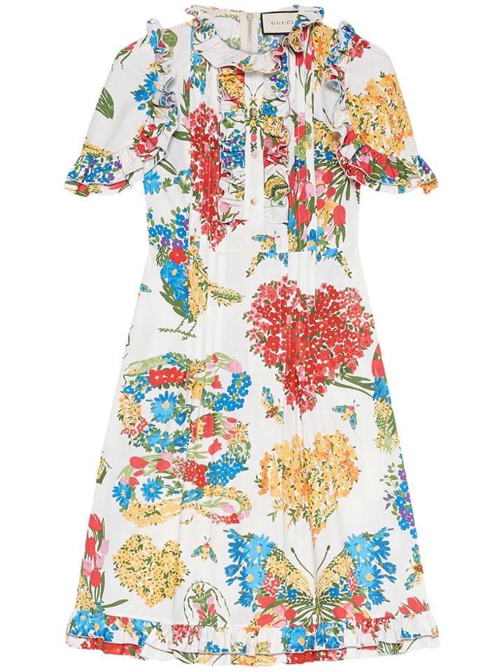 Gucci Corsage Print Cotton Dress - White