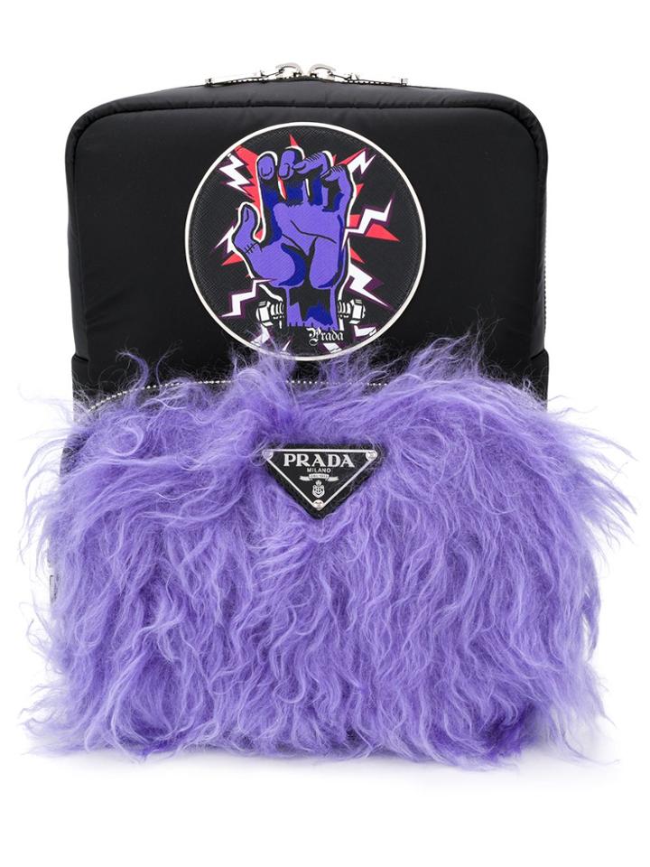 Prada Textured Style Logo Patch Backpack - Black