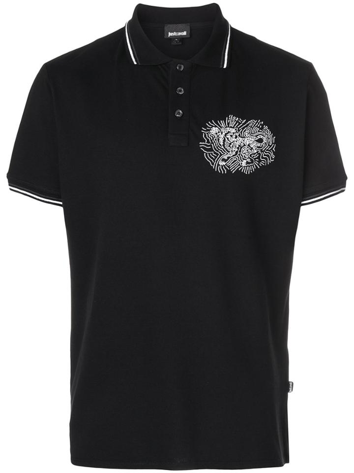Just Cavalli Leopard Embroidered Detail Polo Shirt - Black