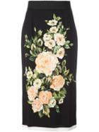 Dolce & Gabbana Rose Print Skirt, Women's, Size: 40, Black, Viscose/silk/spandex/elastane