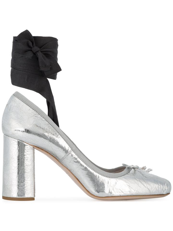 Miu Miu Silver Ballerina 90 Ankle Tie Heels - Metallic