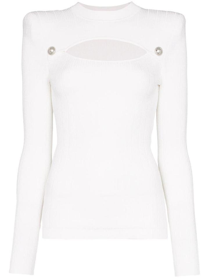 Balmain Button-embellished Cutout Ribbed-knit Top - White