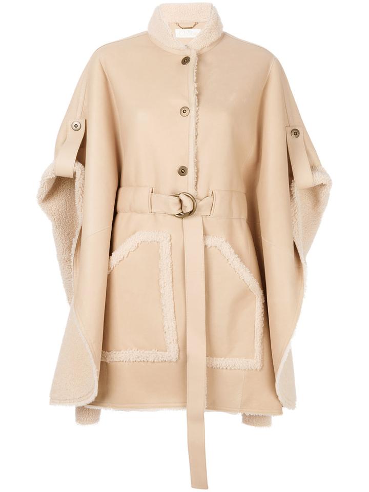 Chloé - Belted Shearling Leather Cape - Women - Calf Leather/lamb Skin - S, Nude/neutrals, Calf Leather/lamb Skin