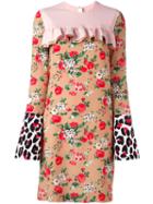 Msgm Ruffle Front Multi Print Dress, Women's, Size: 44, Nude/neutrals, Silk/polyester